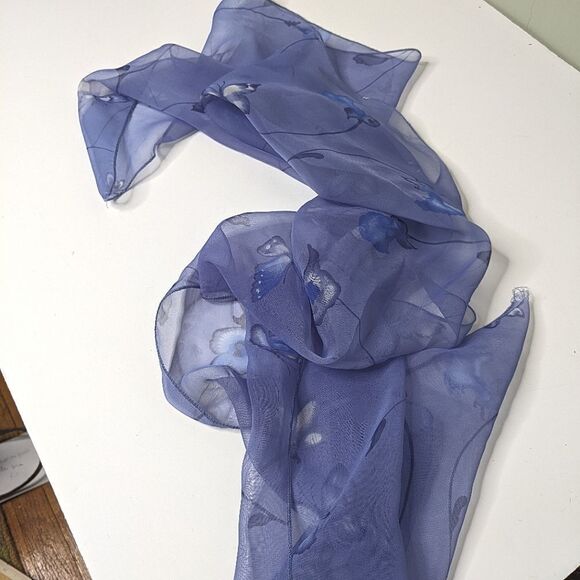 Blue Floral & Butterfly Design Sheer Oblong Scarf - Picture 2 of 6